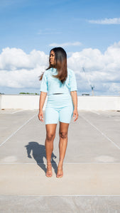BABY BLUE 2PC SWEATER CASUAL SHORTS SET